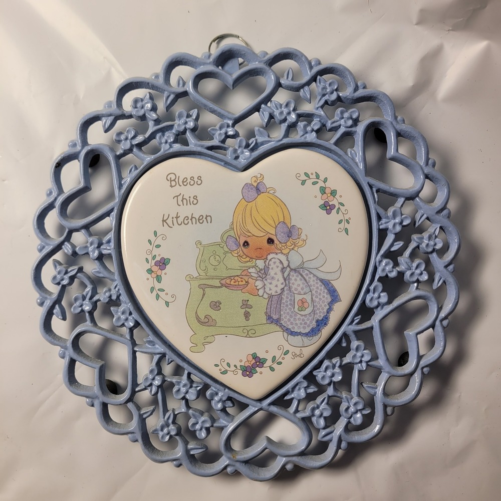 Precious Moments Trivet Wall Hanging Bless This Kitchen Blue Heart Metal Frame